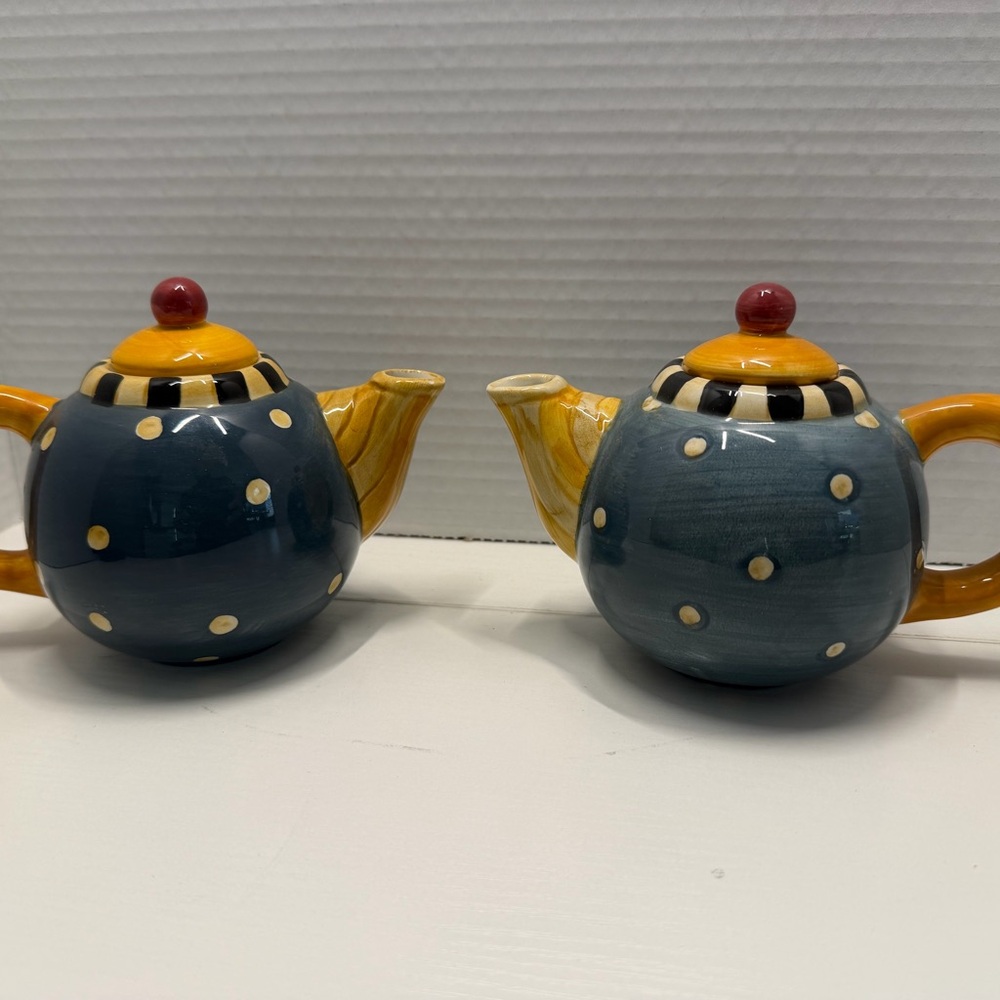 Vintage Sakura Debbie Mumm Tea Pot Set Blue Yellow Polka Dot 4.25" High Ceramic